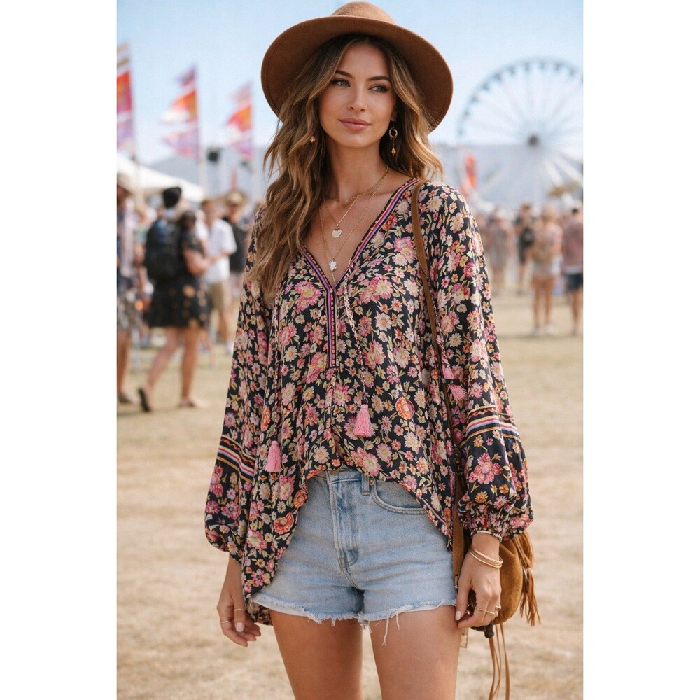 Spell Impala Lily Blouse Night Blossom XS Boho Floral Tassel Oversized